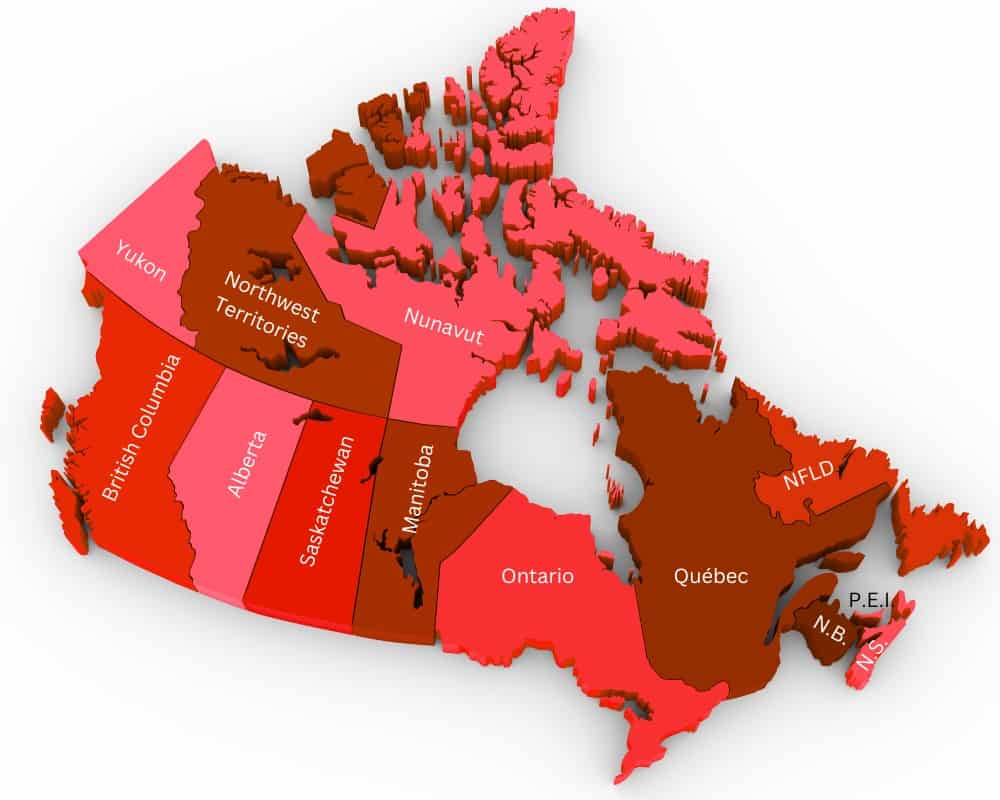 Map of Canada identifying all the provinces and territories.