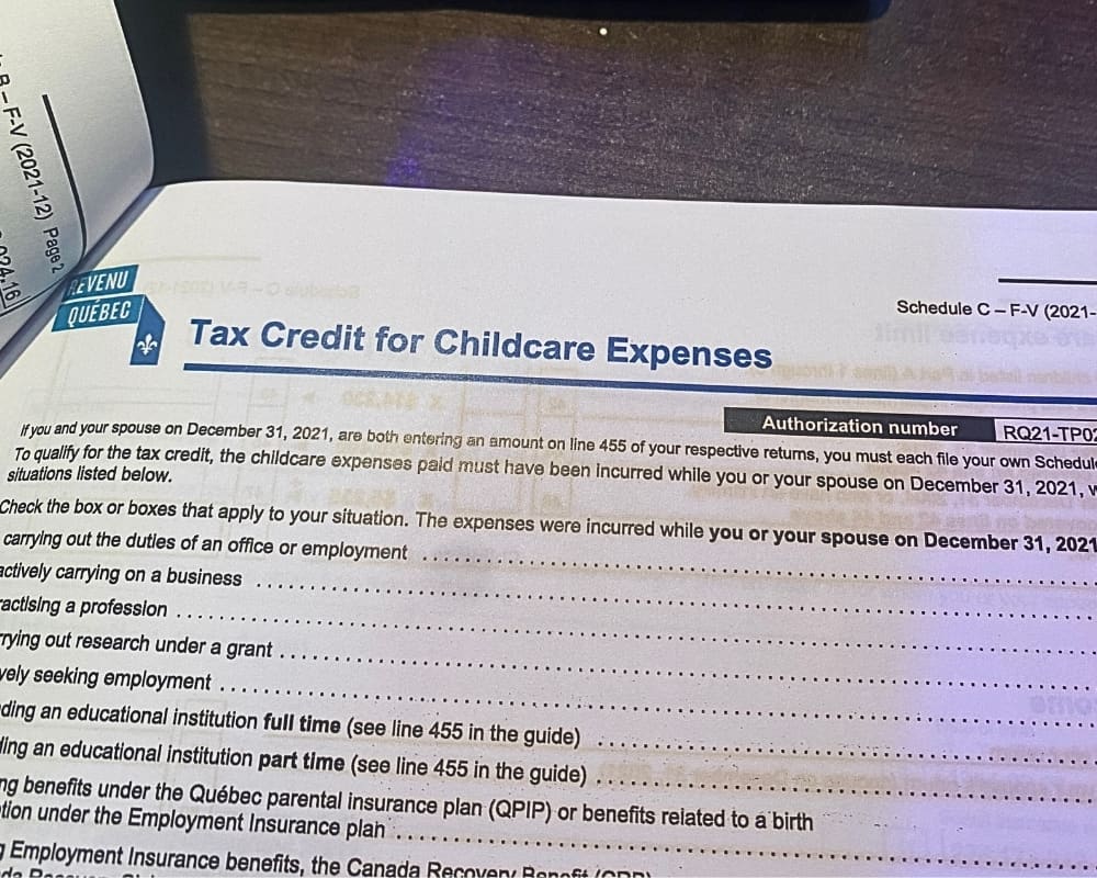 Revenu Québec partial form tax credit for childcare expenses.