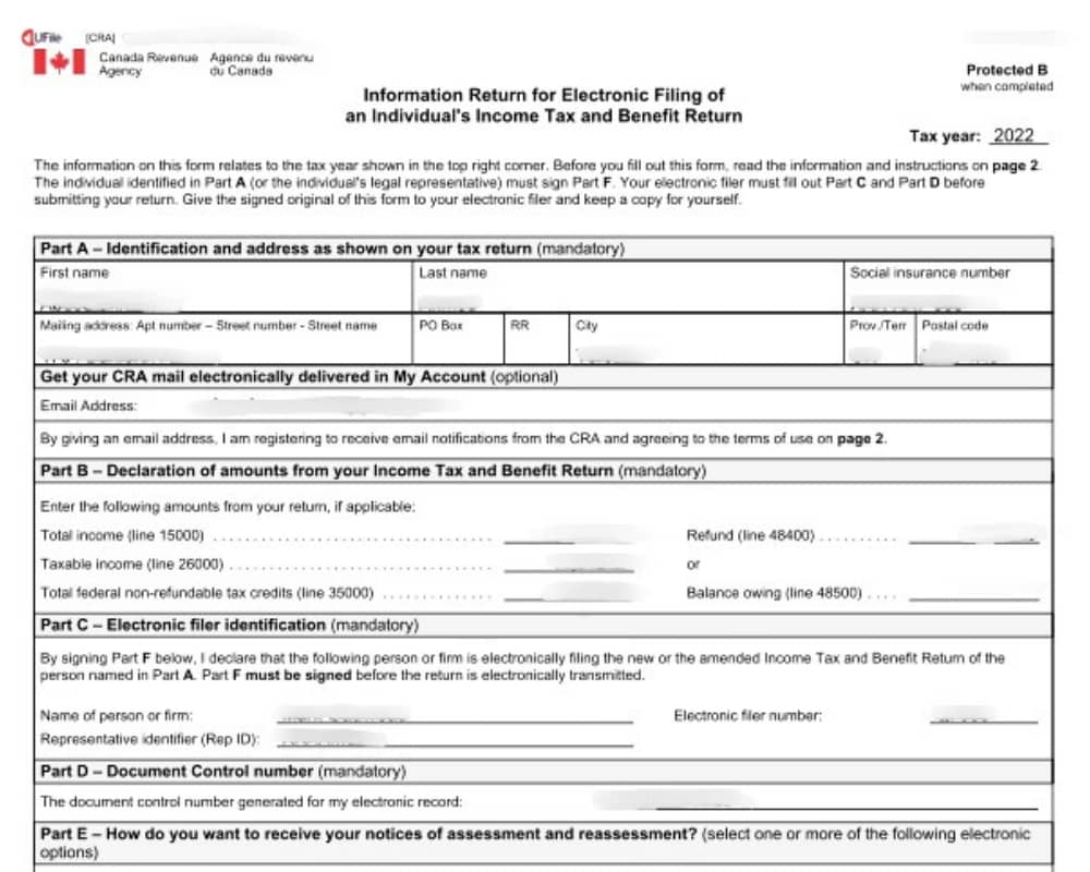 Canada Revenue Agency T183 form for electronic filers.