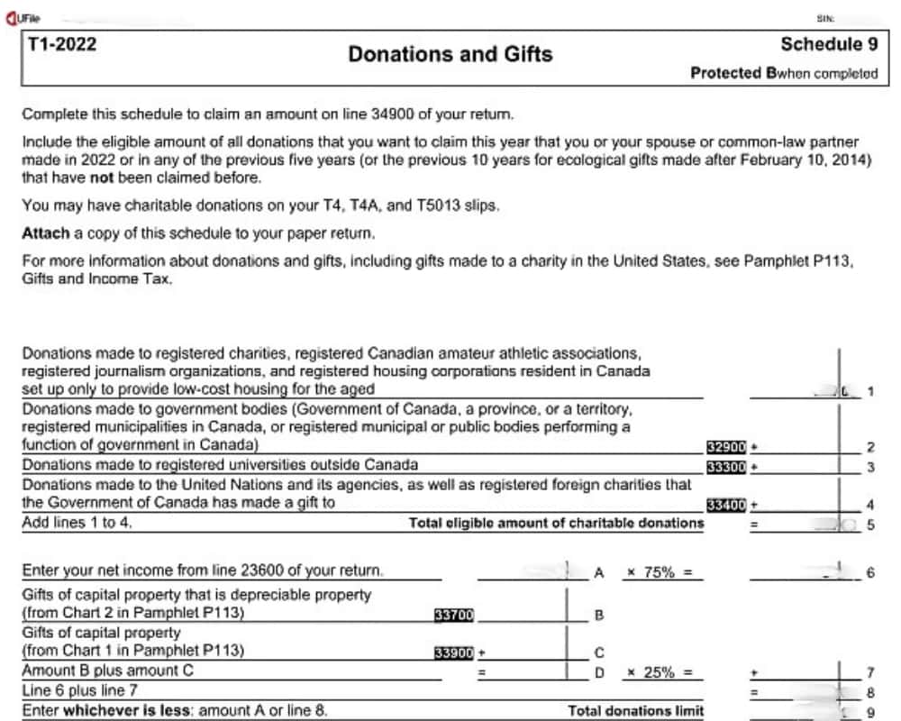 UFile schedule 9 income tax form for Donations and Gifts.