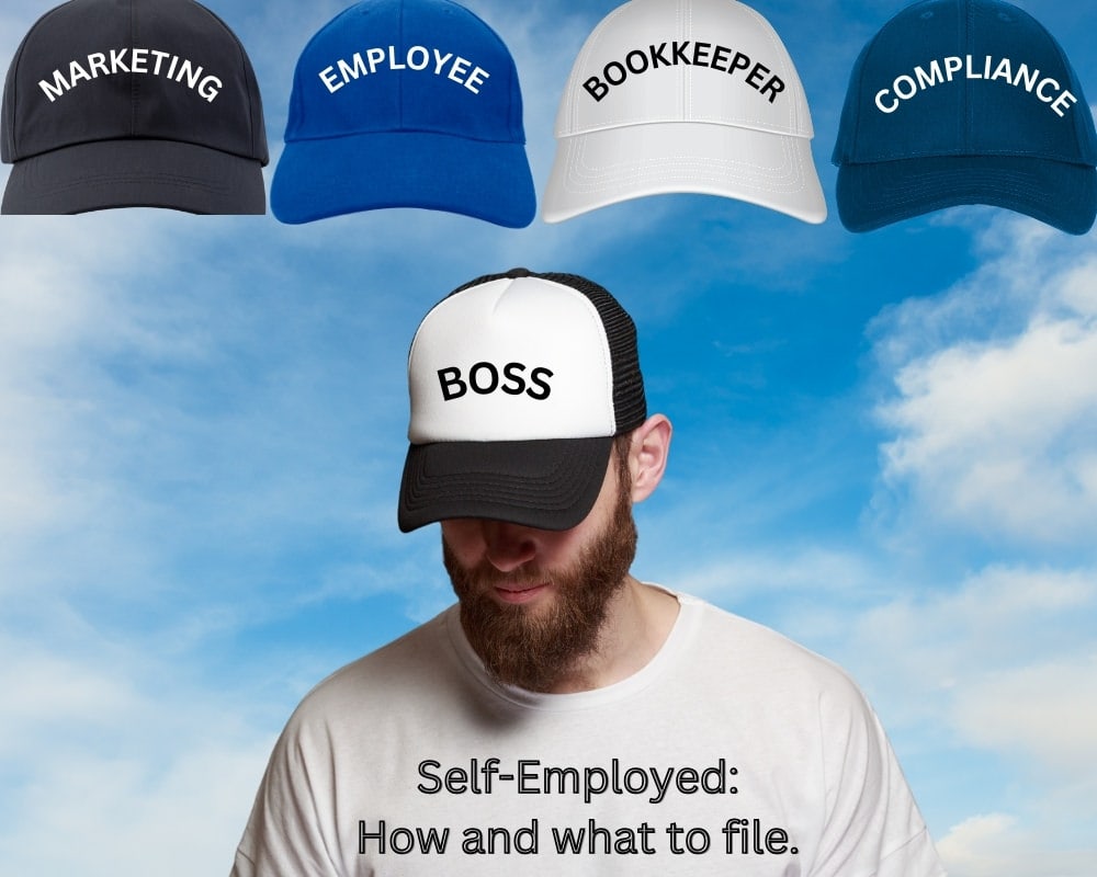 Boss wearing baseball cap with several other baseball caps with job titles indicated.