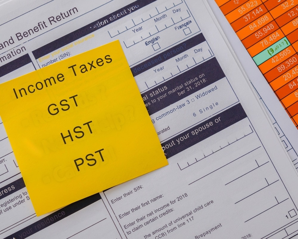 Tax form in background with post-it note written Income Taxes, GST, HST, PST.
