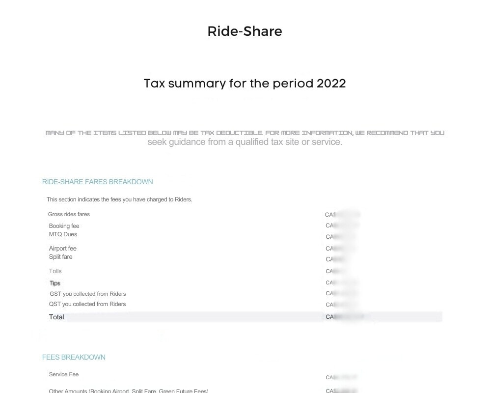 Ride-Share income statement report.