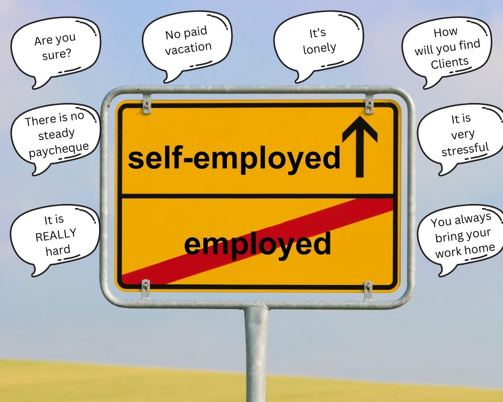 Street sign showing self-employed and employed crossed out, with 8 most common objections to being self-employed in comment bubbles.