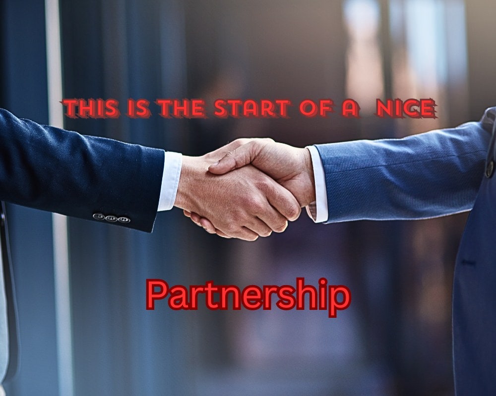 Statement "This is the start of a nice Partnership" with 2 men shaking hands.